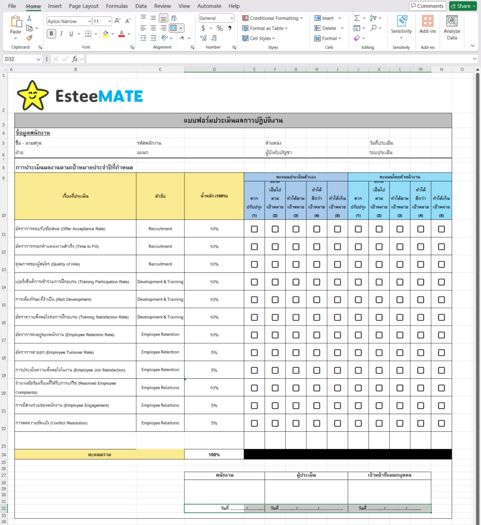 ตัวอย่าง KPI ของแผนก HR - EsteeMATE เอสตีเมท