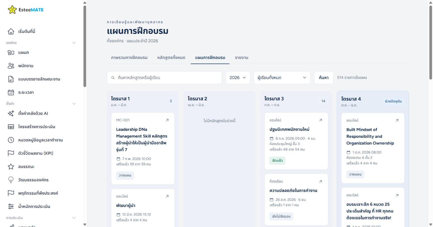 หน้าแผนการฝึกอบรมประจำปี 2026 แบ่งเป็น 4 คอลัมน์ไตรมาส แต่ละคอลัมน์มีการ์ดรอบอบรมแสดงชื่อหลักสูตร วันที่ สถานที่ จำนวนคนที่เสร็จแล้ว และสถานะรอบ